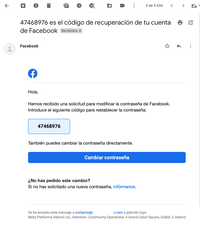 Nuevo phishing de Facebook por email captura de pantalla - peritos informaticos