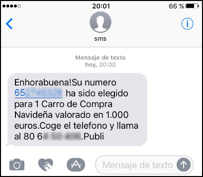 Mensaje fraudulento utilizado en una estafa de smishing