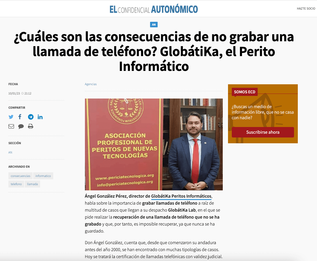 Cuales son las consecuencias de no grabar una llamada de telefono GlobatiKa, el Perito Informático
