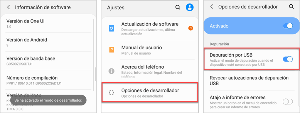 Active la opción Depuración USB.